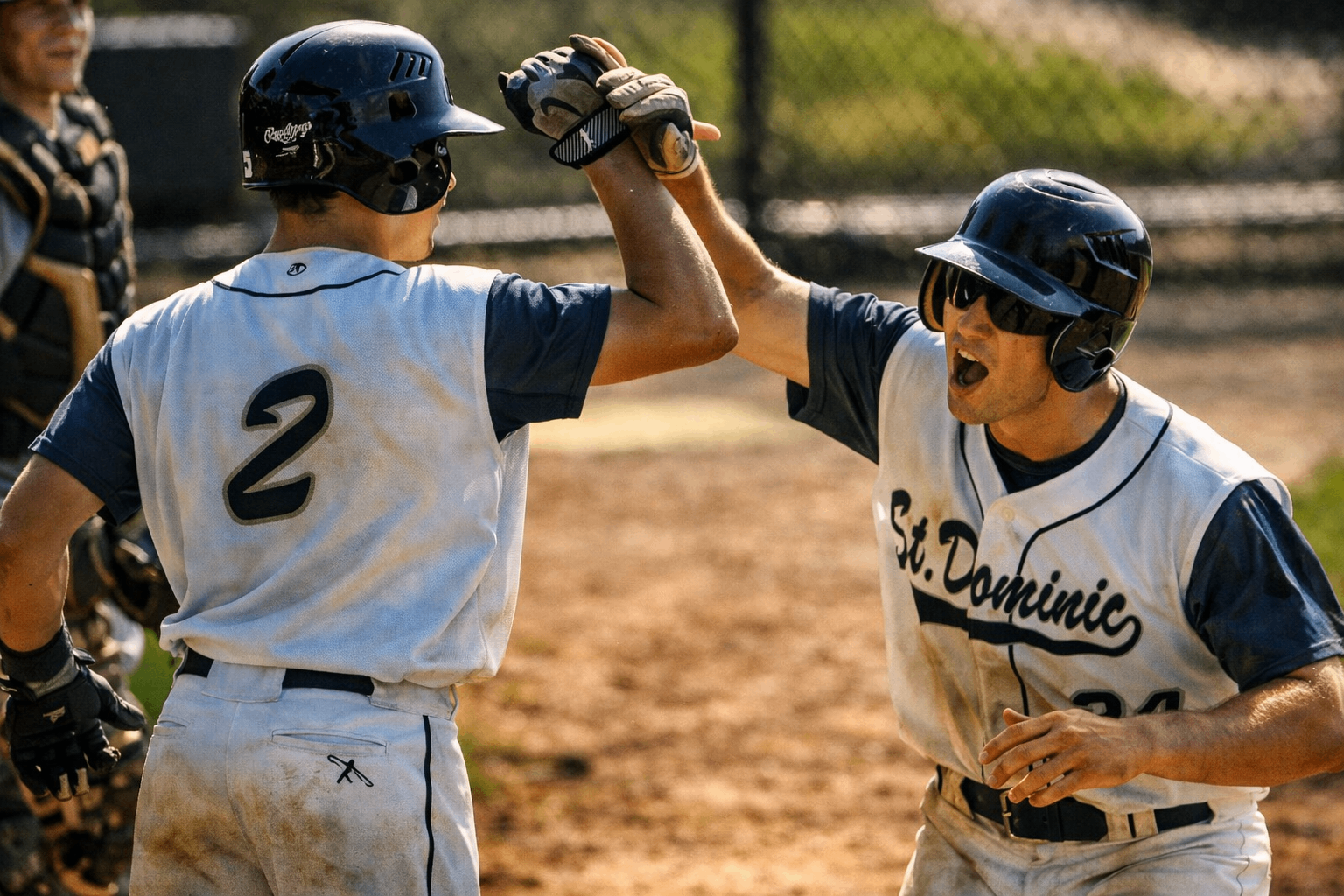 Two high school baseball players in dirt-stained uniforms celebrating with a high five after scoring a run